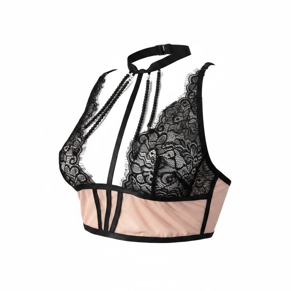 Pink Black Lace Sheer Beaded Choker Bralette Size M High Neck Sexy Lingerie